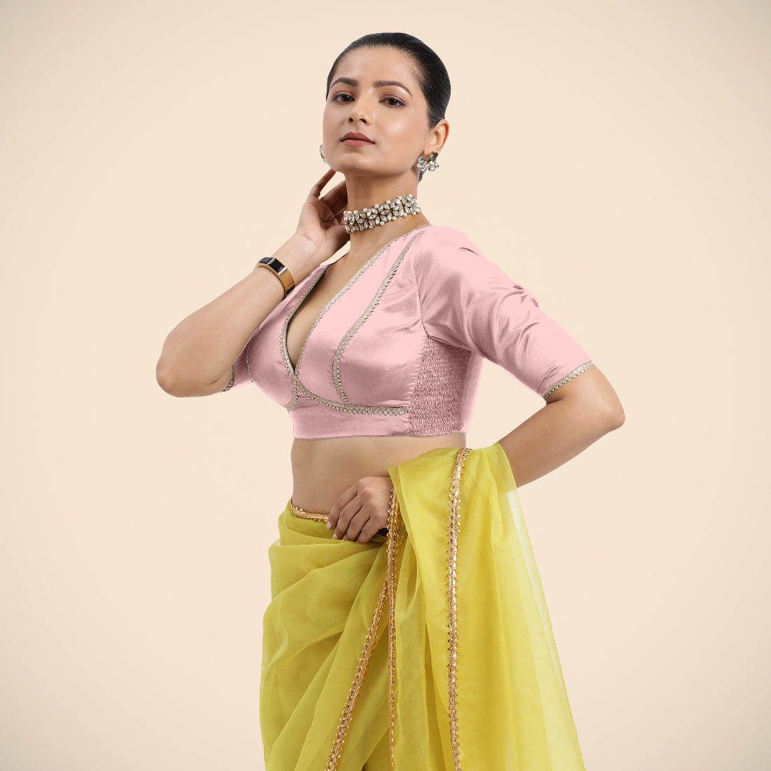 Zeenat x Tyohaar Saree Blouse, in Pink Vegan Silk, featuring elbow sleeves and v-neckline, made for party & festive (view 6).