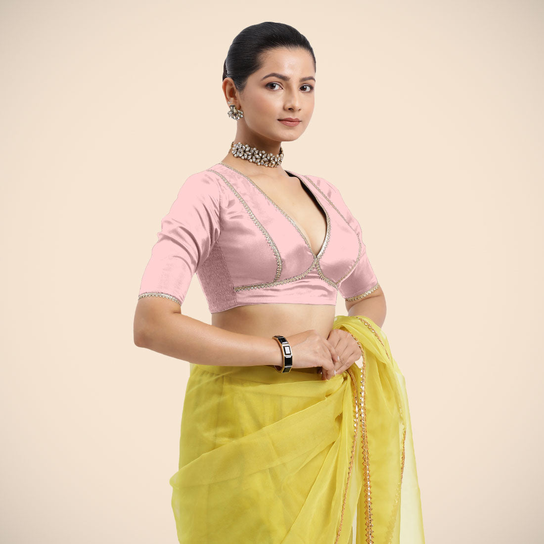 Zeenat x Tyohaar Saree Blouse, in Pink Vegan Silk, featuring elbow sleeves and v-neckline, made for party & festive (view 7).