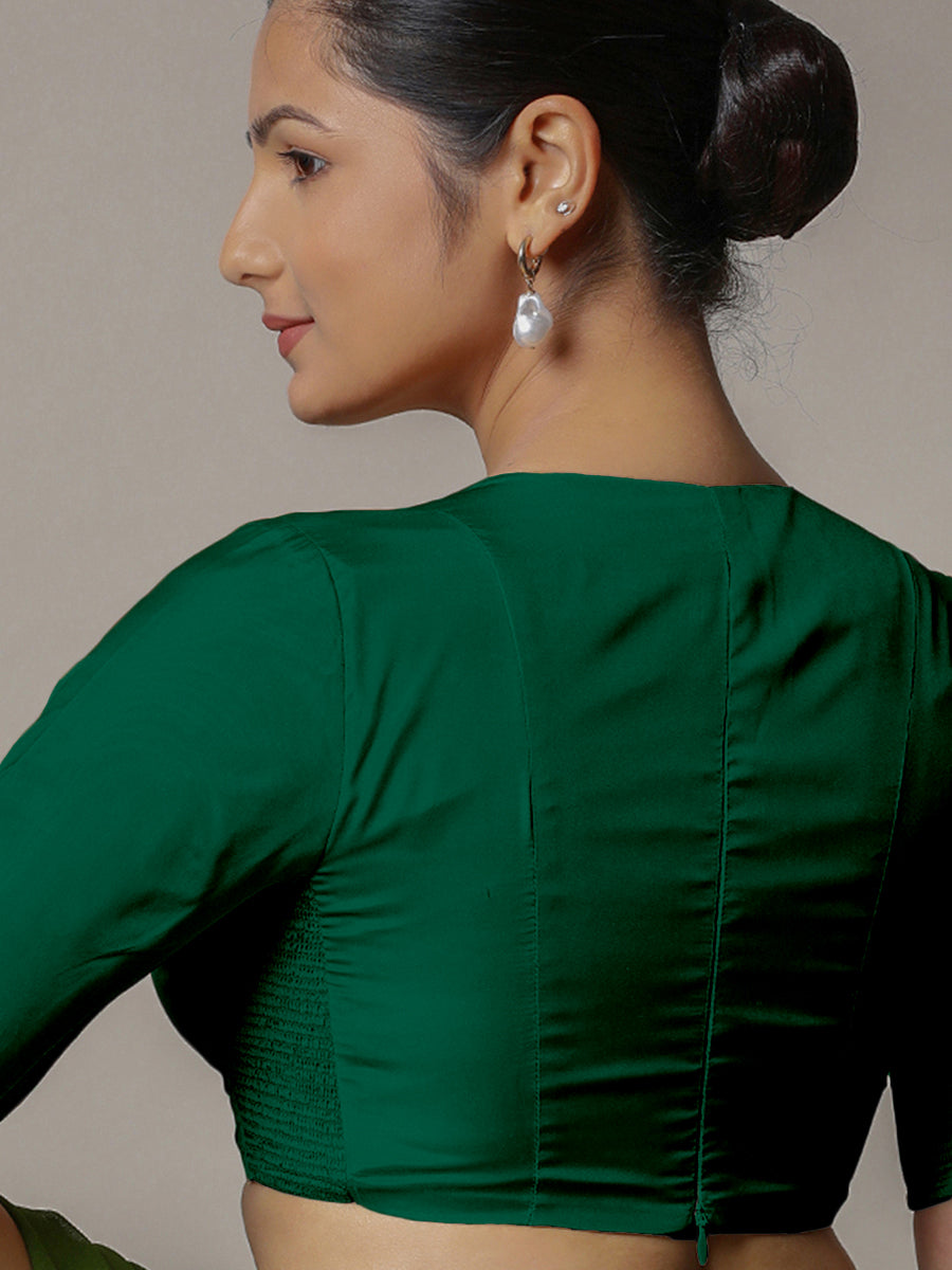 Zeenat x Rozaana Saree Blouse, in Green Vegan Silk, featuring elbow sleeves and v-neckline, made for party & festive (view 2).