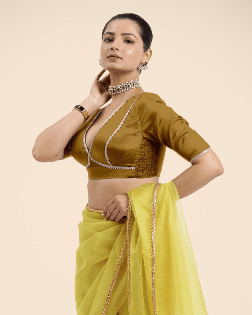 Zeenat x Tyohaar | Bronze Gold Saree Blouse w/ FlexiFit™ and Golden Gota Lace