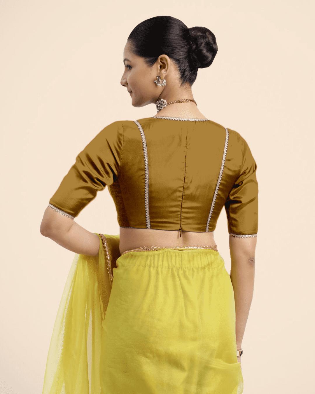 Zeenat x Tyohaar Saree Blouse, in Gold Vegan Silk, featuring elbow sleeves and v-neckline, made for party & festive (view 2).