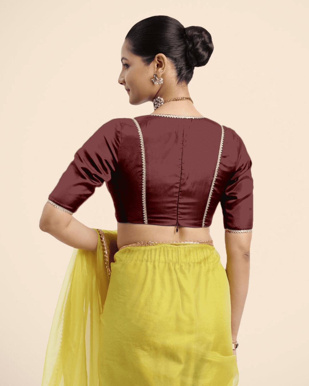 Zeenat x Tyohaar Saree Blouse, in Maroon Vegan Silk, featuring elbow sleeves and v-neckline, made for party & festive (view 4).