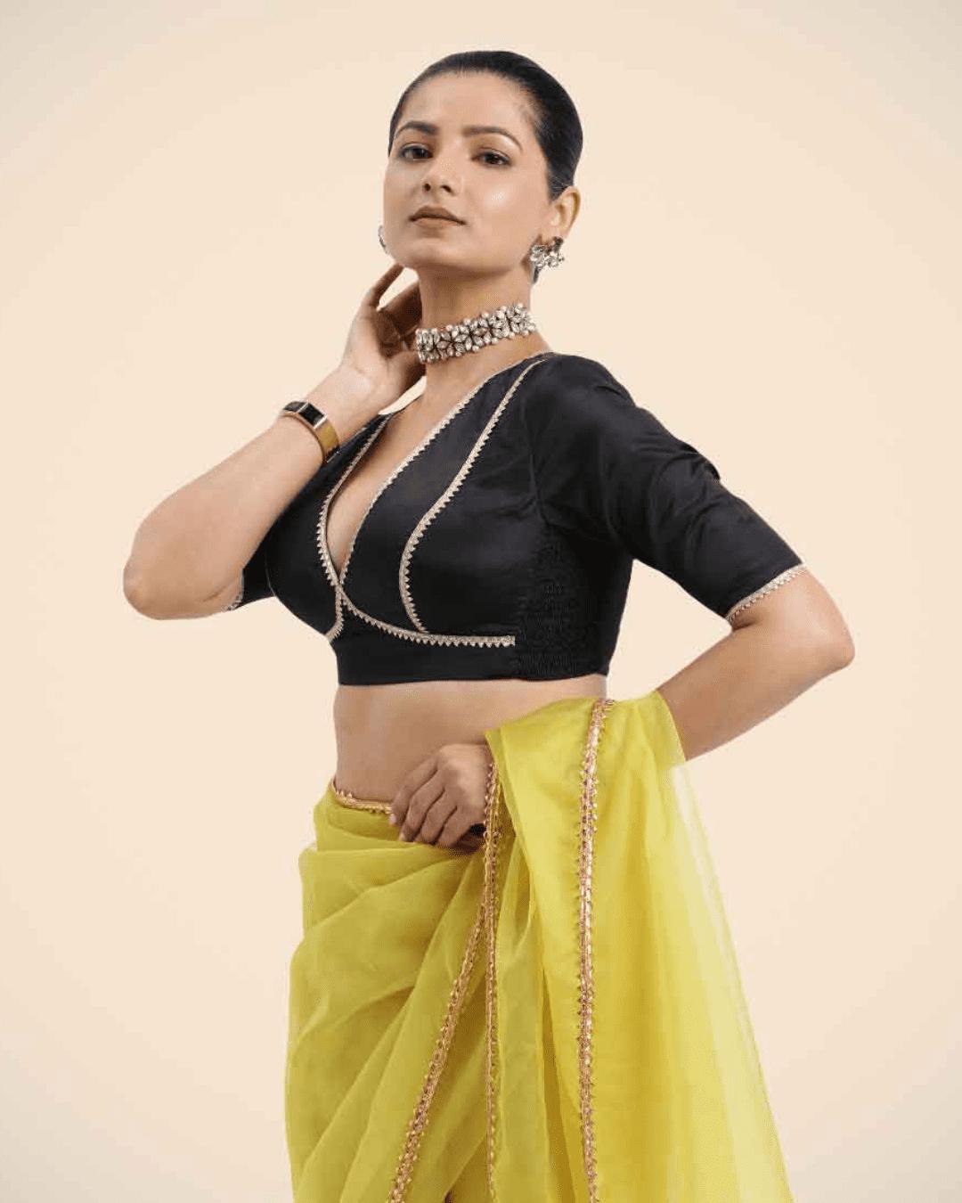 Zeenat x Tyohaar Saree Blouse, in Black Vegan Silk, featuring elbow sleeves and v-neckline, made for party & festive (view 5).