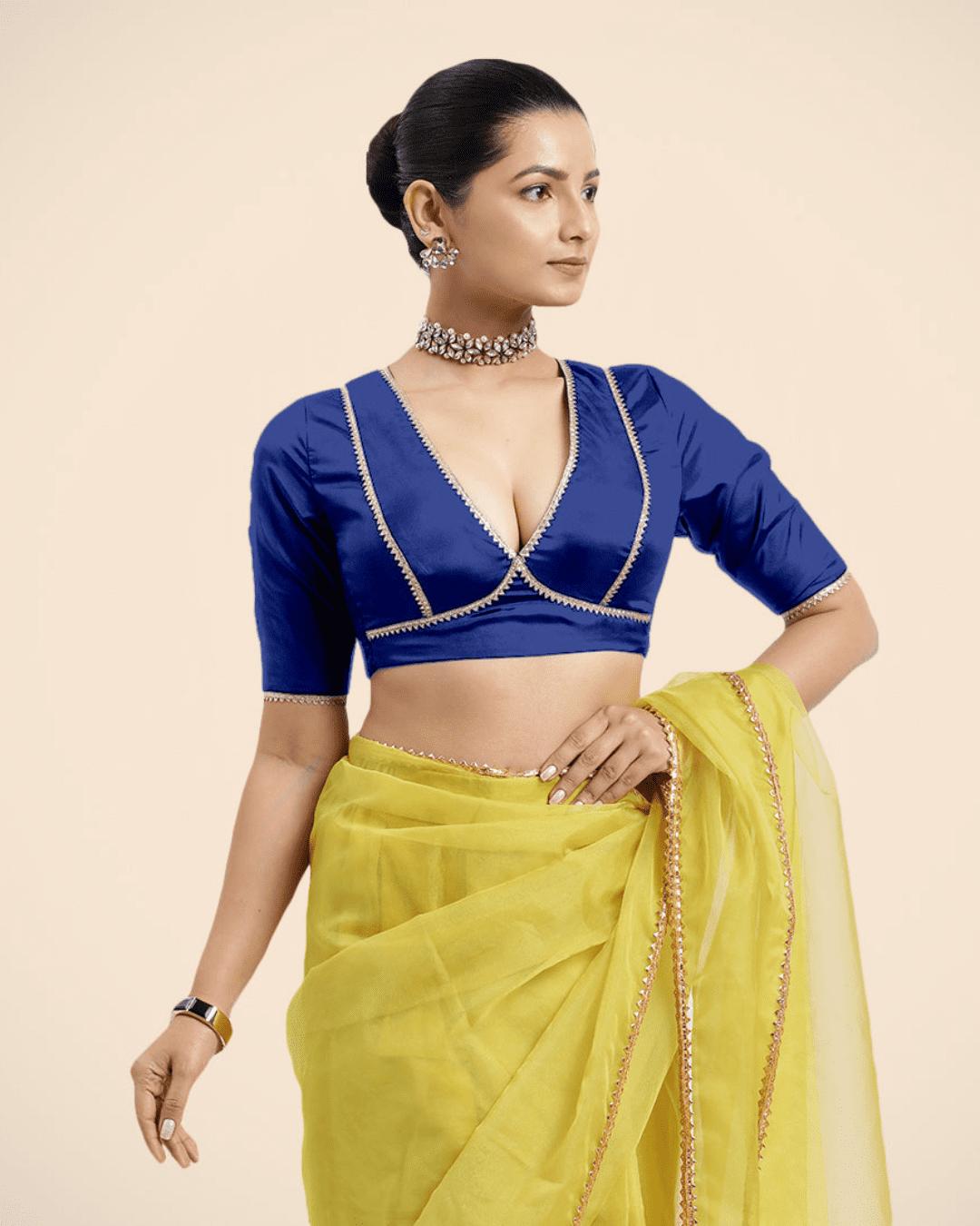 Zeenat x Tyohaar Saree Blouse, in Blue Vegan Silk, featuring elbow sleeves and v-neckline, made for party & festive (view 2).
