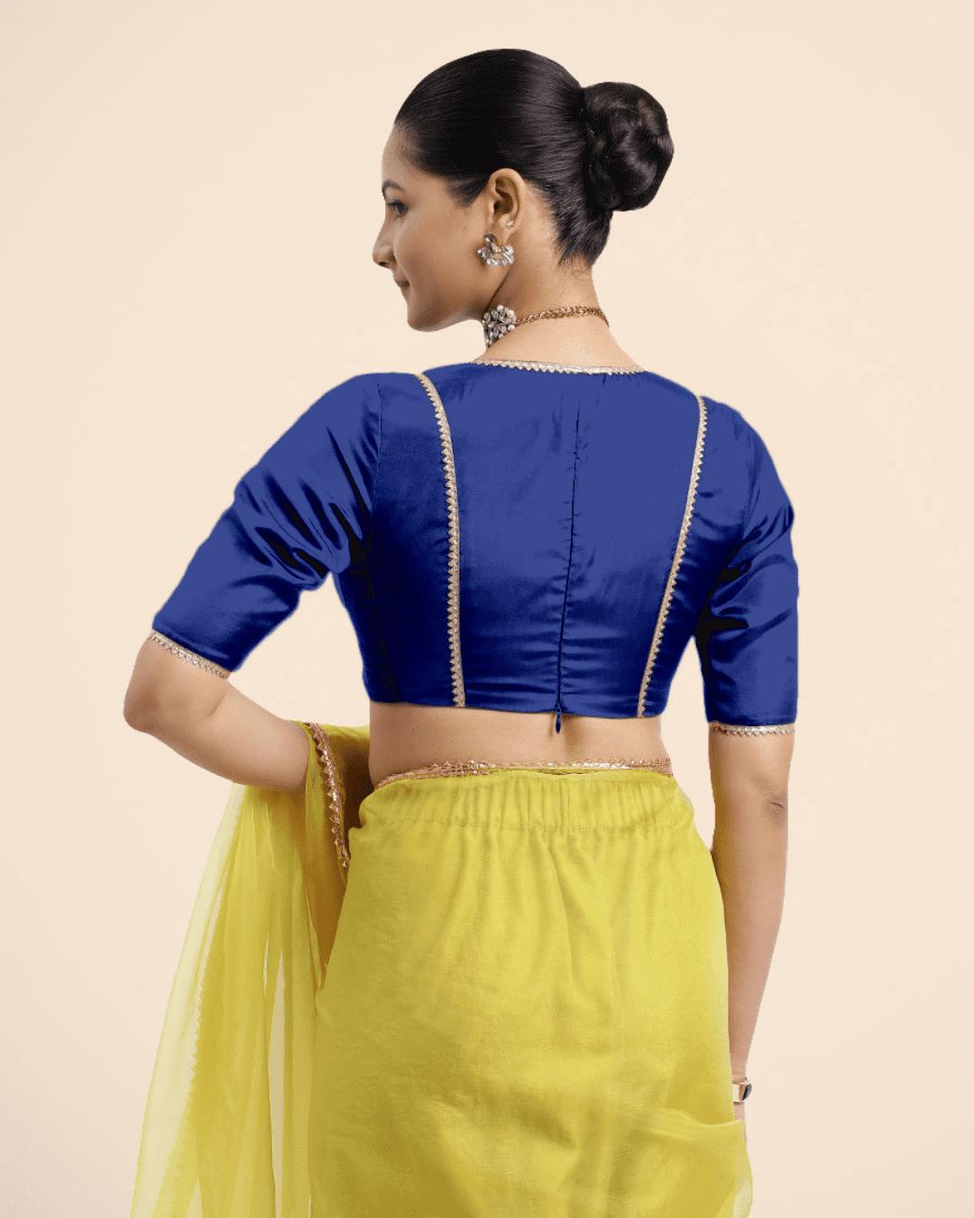 Zeenat x Tyohaar Saree Blouse, in Blue Vegan Silk, featuring elbow sleeves and v-neckline, made for party & festive (view 3).