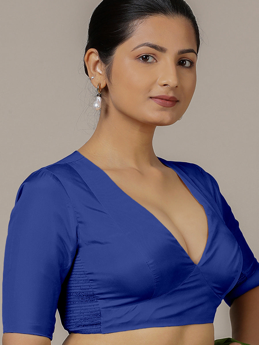 Zeenat x Rozaana Saree Blouse, in Blue Vegan Silk, featuring elbow sleeves and v-neckline, made for party & festive (view 7).