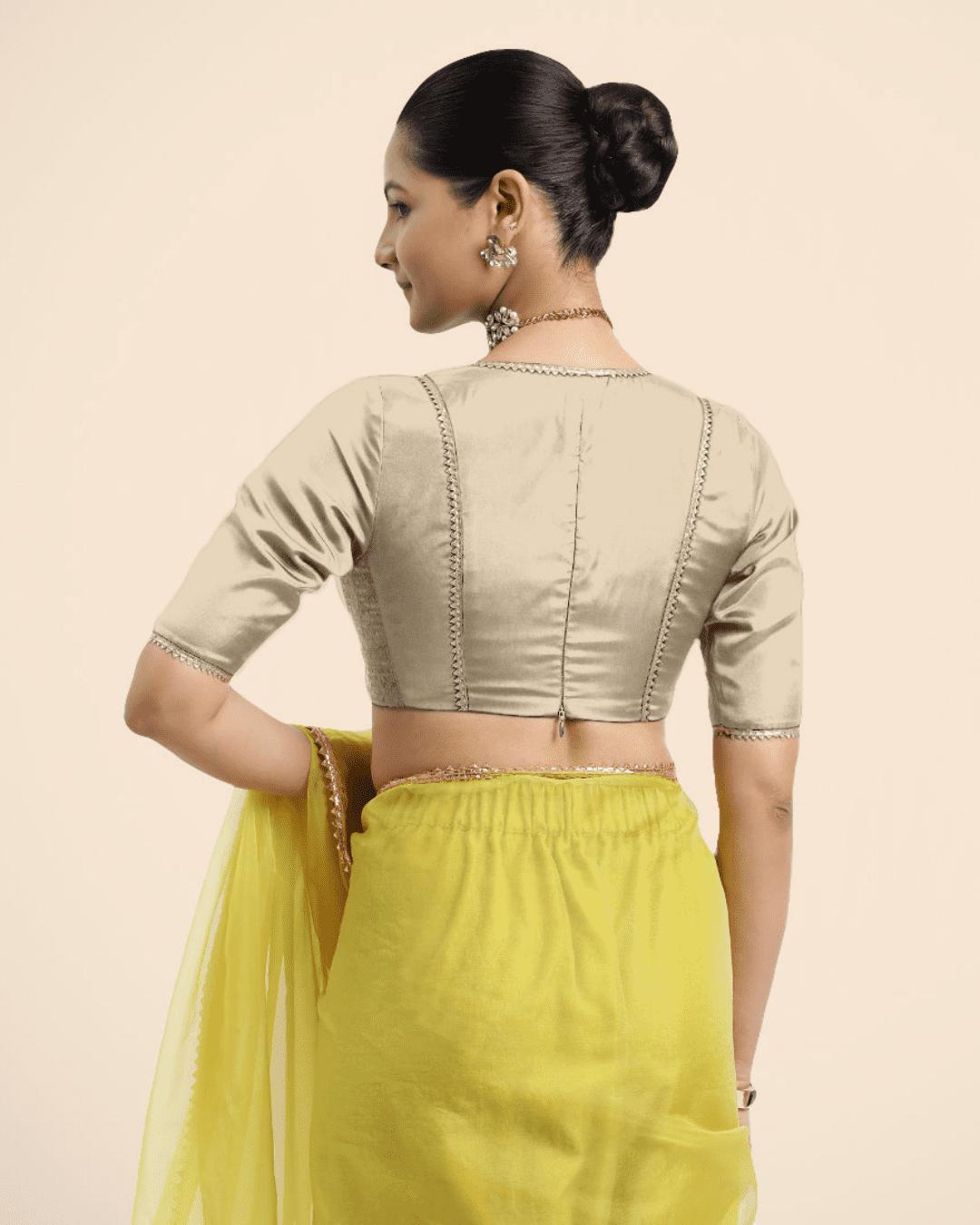 Zeenat x Tyohaar Saree Blouse, in Cream Vegan Silk, featuring elbow sleeves and v-neckline, made for party & festive (view 2).