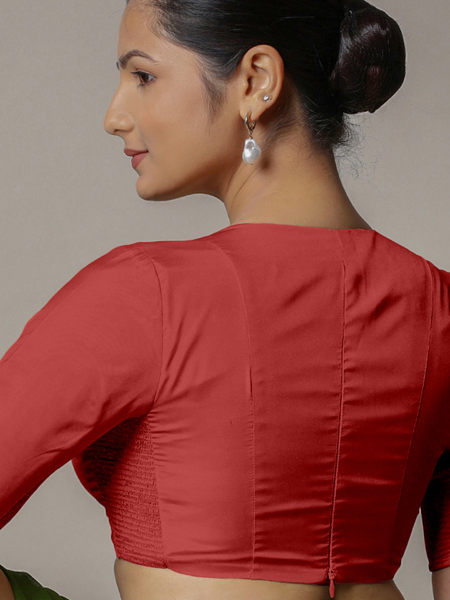 Zeenat x Rozaana Saree Blouse, in Red Vegan Silk, featuring elbow sleeves and v-neckline, made for party & festive (view 2).