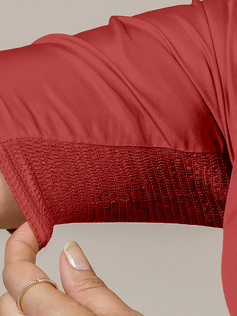 Zeenat x Rozaana Saree Blouse, in Red Vegan Silk, featuring elbow sleeves and v-neckline, made for party & festive (view 4).