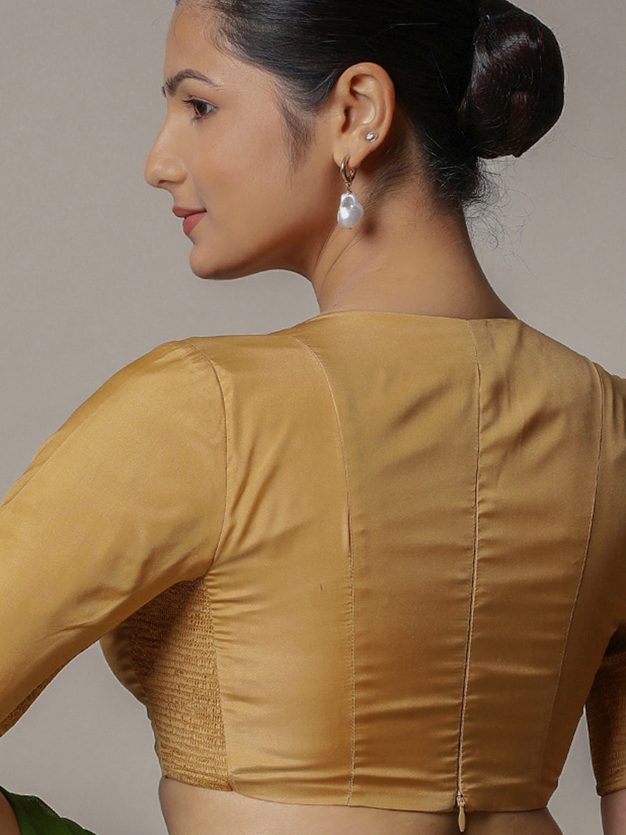 Zeenat x Rozaana Saree Blouse, in Gold Vegan Silk, featuring elbow sleeves and v-neckline, made for party & festive (view 2).