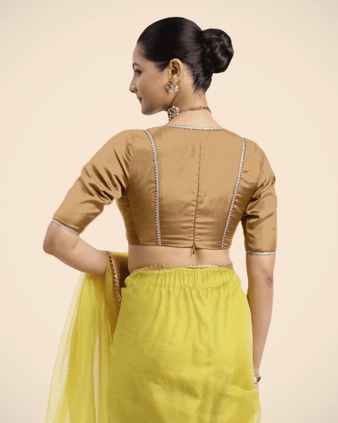 Zeenat x Tyohaar Saree Blouse, in Gold Vegan Silk, featuring elbow sleeves and v-neckline, made for party & festive (view 2).
