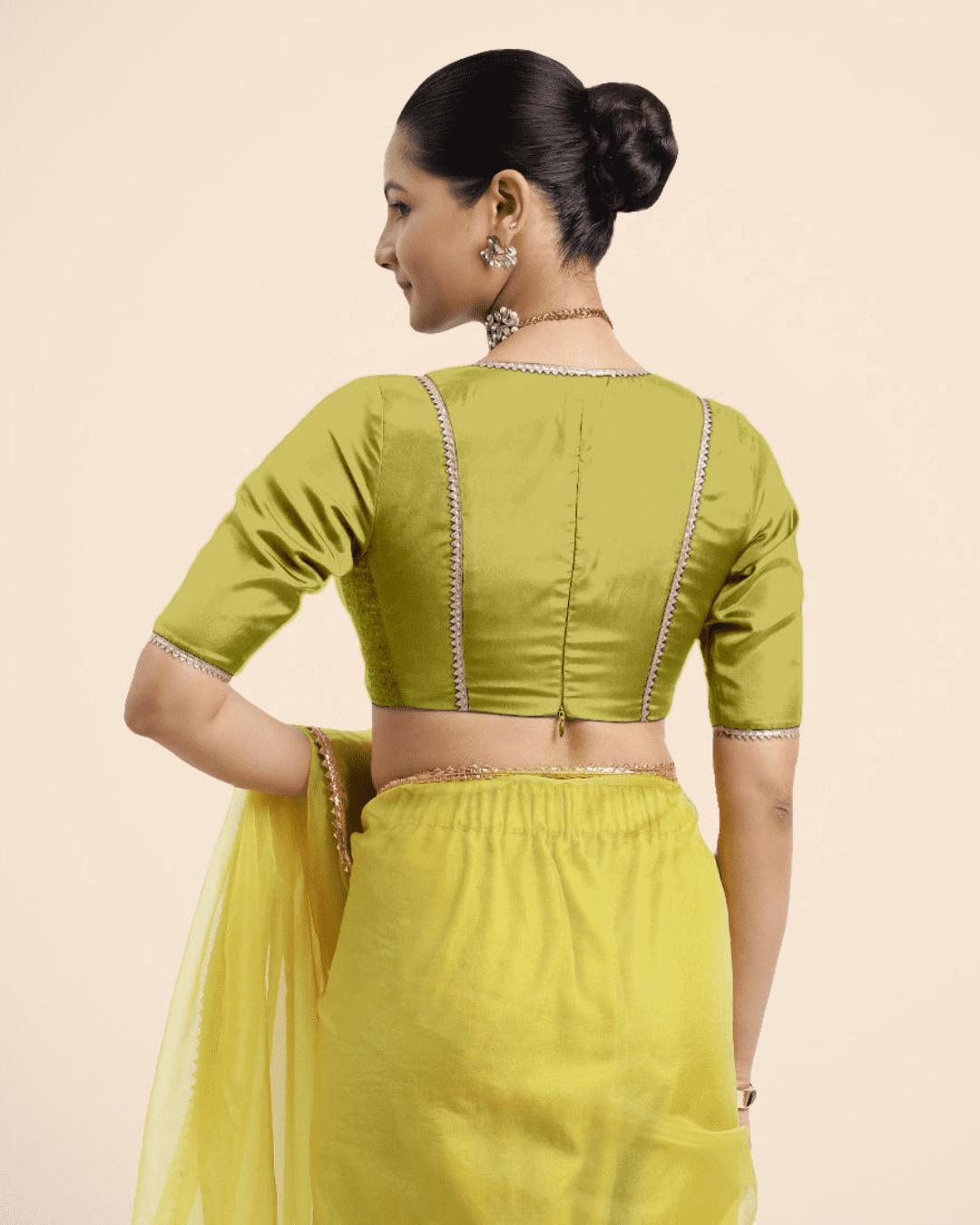 Zeenat x Tyohaar Saree Blouse, in Yellow Vegan Silk, featuring elbow sleeves and v-neckline, made for party & festive (view 3).