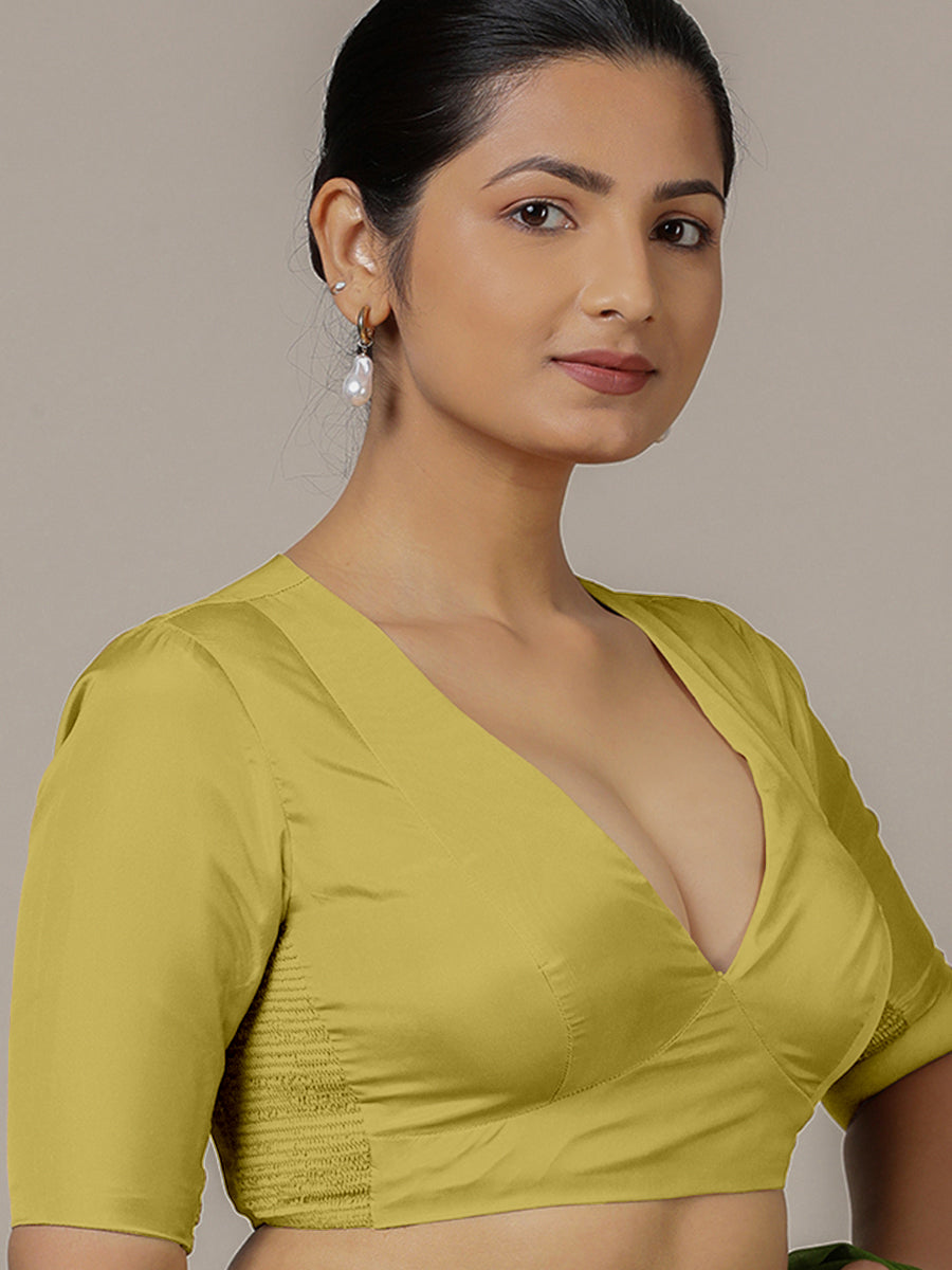 Zeenat x Rozaana Saree Blouse, in Yellow Vegan Silk, featuring elbow sleeves and v-neckline, made for party & festive (view 7).