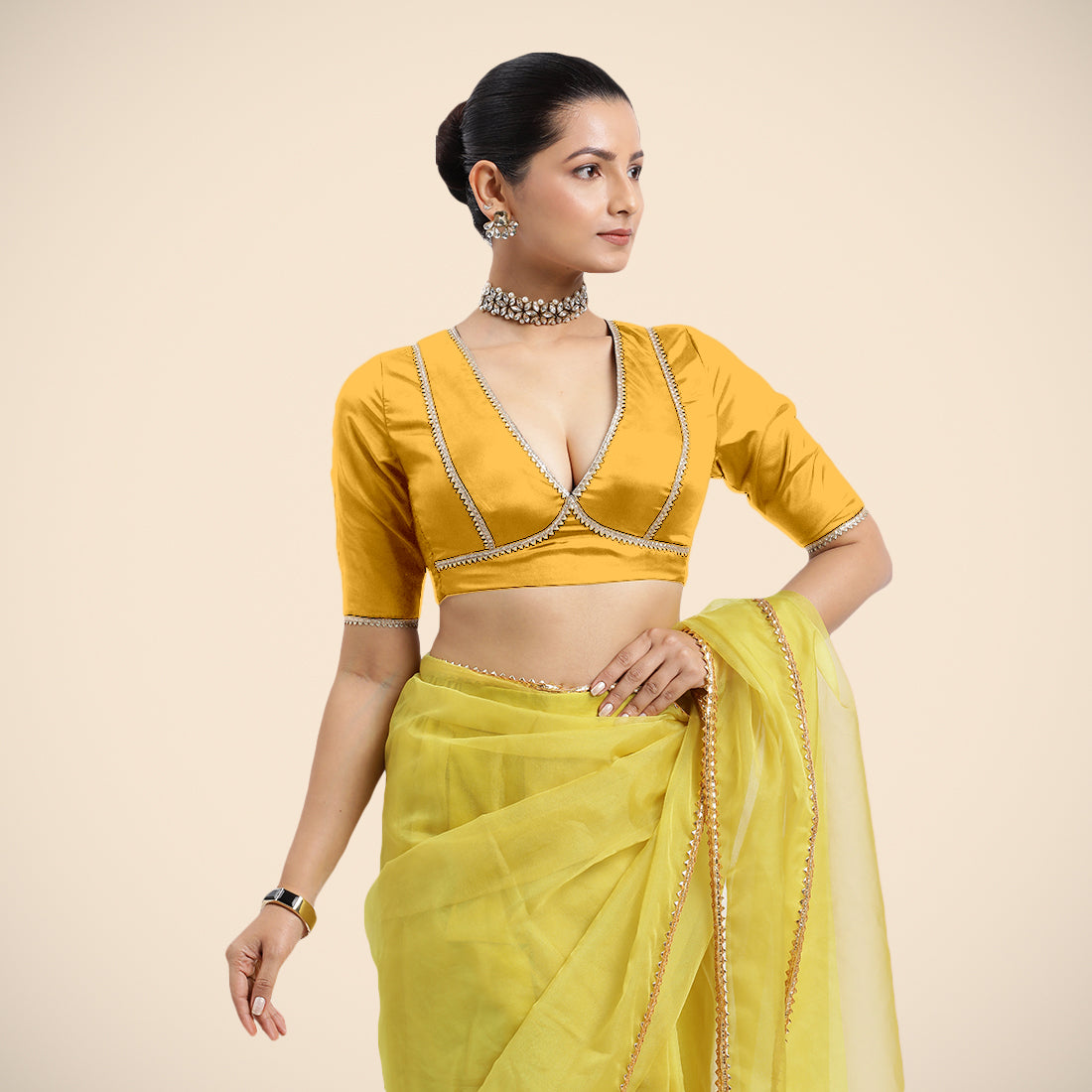 Zeenat x Tyohaar Saree Blouse, in Yellow Vegan Silk, featuring elbow sleeves and v-neckline, made for party & festive.