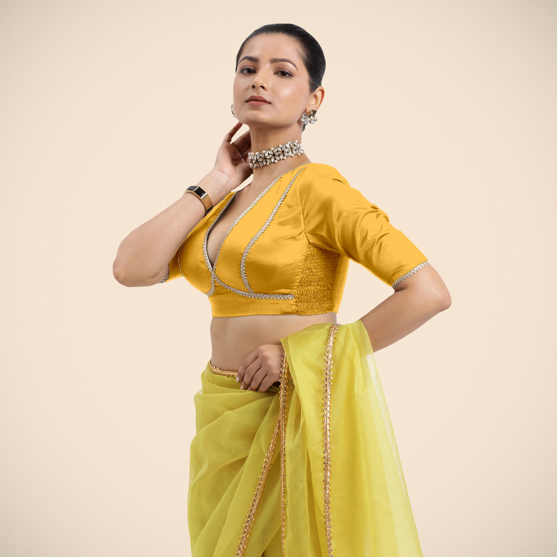 Zeenat x Tyohaar Saree Blouse, in Yellow Vegan Silk, featuring elbow sleeves and v-neckline, made for party & festive (view 6).