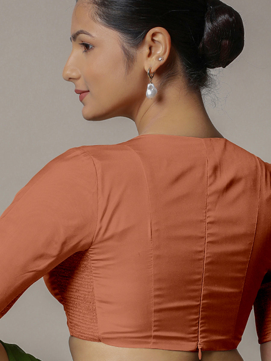 Zeenat x Rozaana Saree Blouse, in Copper Vegan Silk, featuring elbow sleeves and v-neckline, made for party & festive (view 2).
