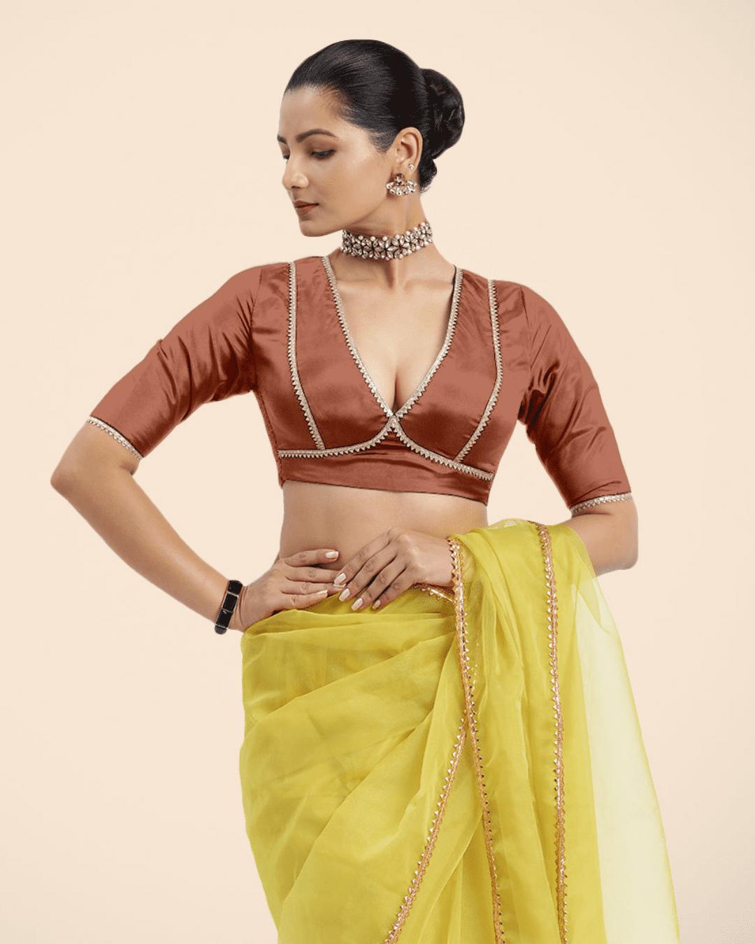 Zeenat x Tyohaar Saree Blouse, in Copper Vegan Silk, featuring elbow sleeves and v-neckline, made for party & festive (view 2).