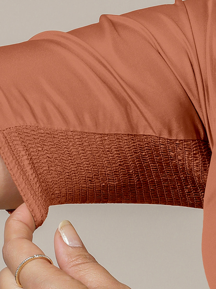 Zeenat x Rozaana Saree Blouse, in Copper Vegan Silk, featuring elbow sleeves and v-neckline, made for party & festive (view 4).