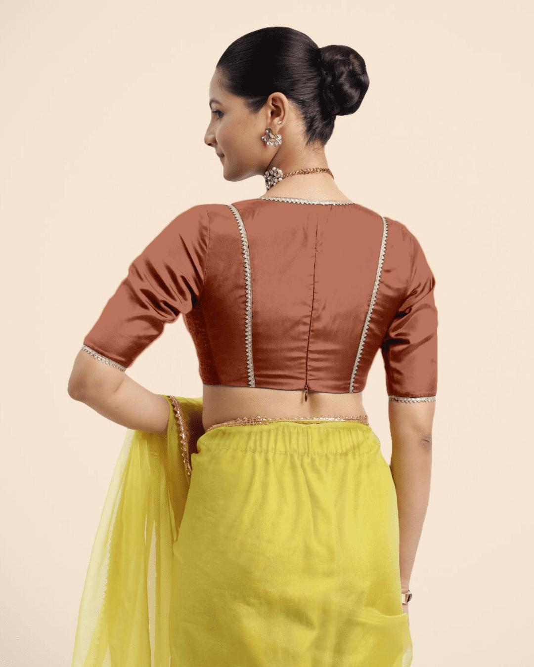 Zeenat x Tyohaar Saree Blouse, in Copper Vegan Silk, featuring elbow sleeves and v-neckline, made for party & festive (view 5).