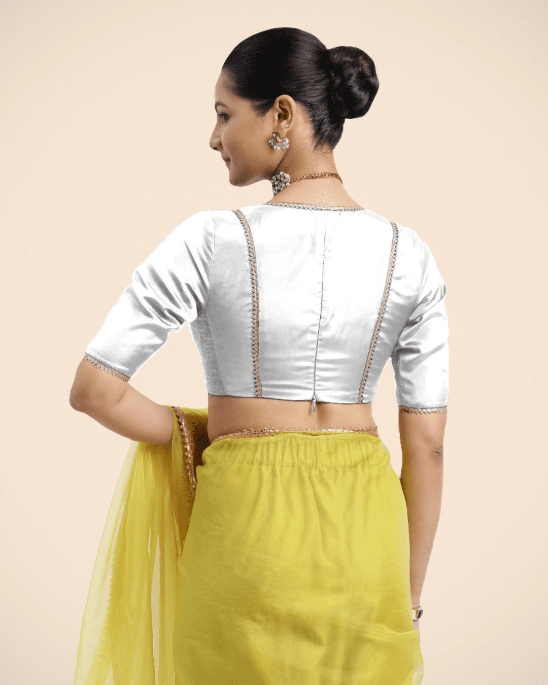 Zeenat x Tyohaar Saree Blouse, in White Vegan Silk, featuring elbow sleeves and v-neckline, made for party & festive (view 2).