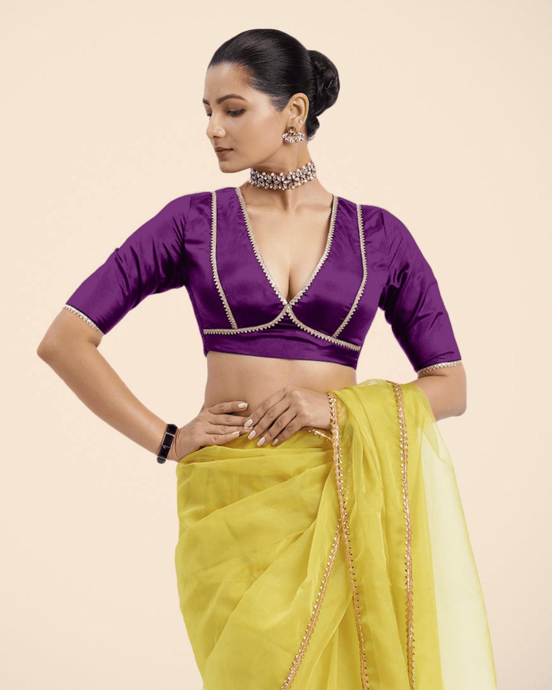 Zeenat x Tyohaar Saree Blouse, in Purple Vegan Silk, featuring elbow sleeves and v-neckline, made for party & festive.