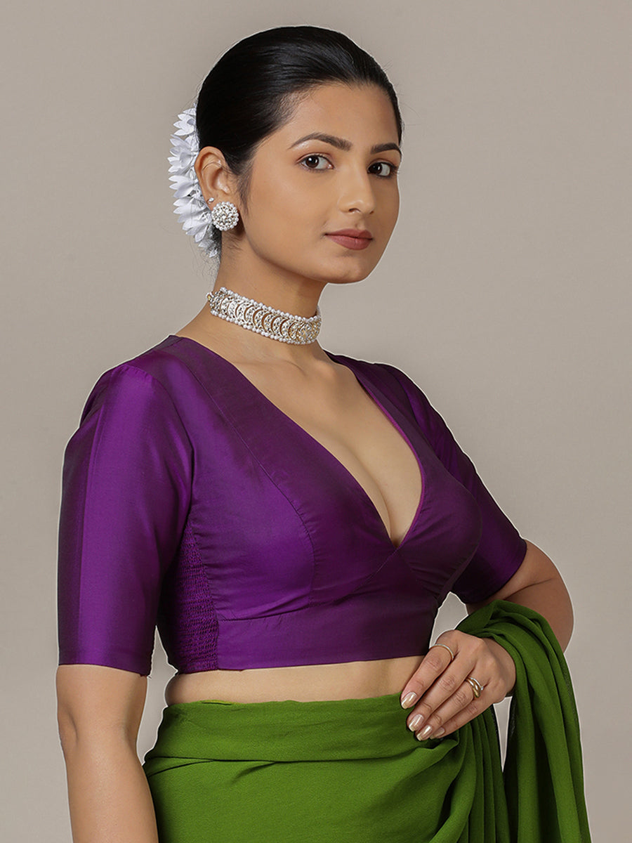 Zeenat x Rozaana Saree Blouse, in Purple Vegan Silk, featuring elbow sleeves and v-neckline, made for party & festive (view 5).