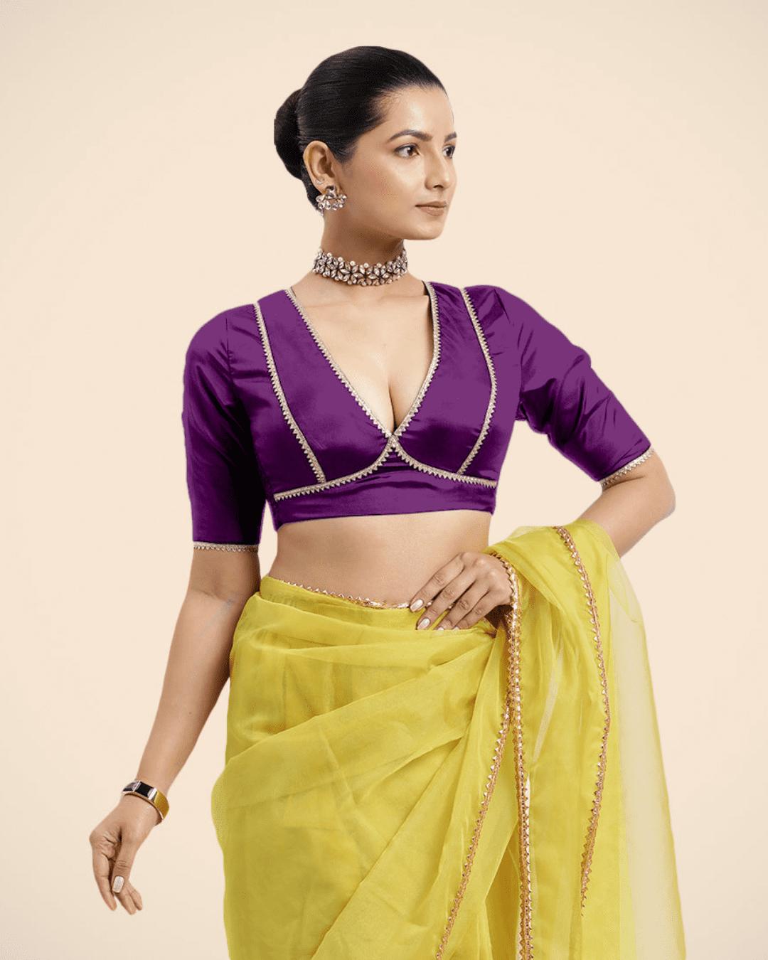 Zeenat x Tyohaar Saree Blouse, in Purple Vegan Silk, featuring elbow sleeves and v-neckline, made for party & festive (view 5).