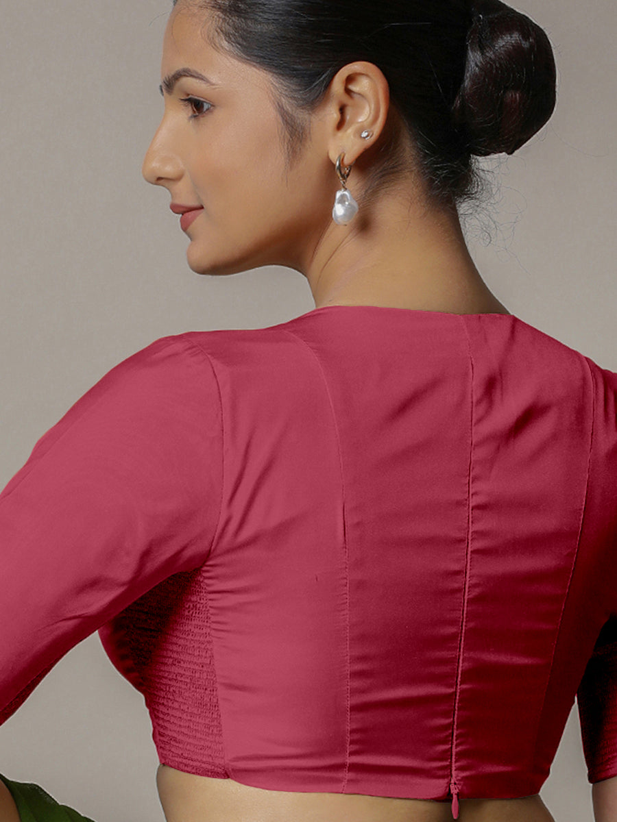 Zeenat x Rozaana Saree Blouse, in Pink Vegan Silk, featuring elbow sleeves and v-neckline, made for party & festive (view 2).