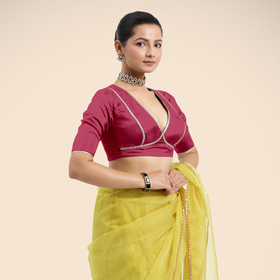 Zeenat x Tyohaar Saree Blouse, in Pink Vegan Silk, featuring elbow sleeves and v-neckline, made for party & festive (view 7).