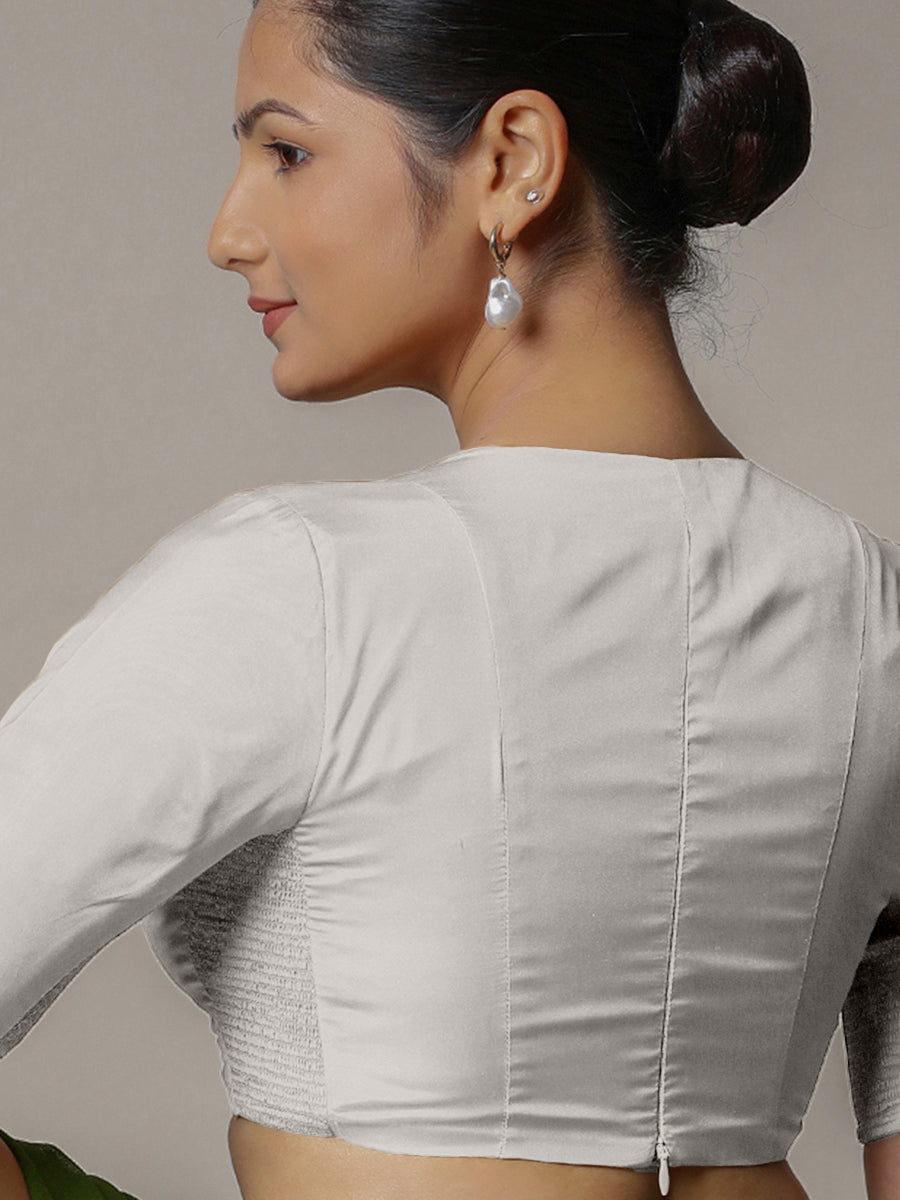 Zeenat x Rozaana Saree Blouse, in Silver Vegan Silk, featuring elbow sleeves and v-neckline, made for party & festive (view 2).