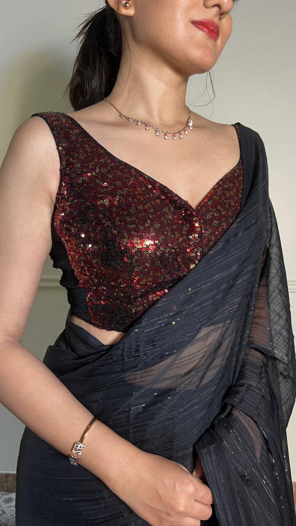 Zia x Tyohaar | Sleeveless Black & Red Sequined Shimmer Saree Blouse with Sweetheart Neck