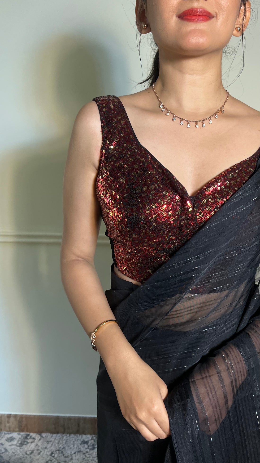 Zia x Tyohaar Saree Blouse, in Red Sequin, featuring sleeveless, made for party & festive (view 3).
