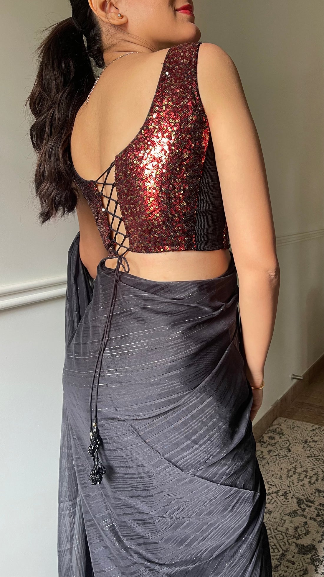 Zia x Tyohaar Saree Blouse, in Red Sequin, featuring sleeveless, made for party & festive (view 4).
