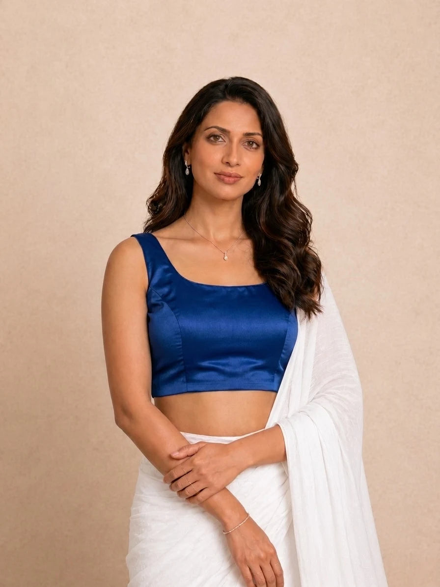 Ziva Sleeveless Deep Cobalt Satin Lycra StretchFit Saree Blouse, in Blue Satin Lycra (view 5).