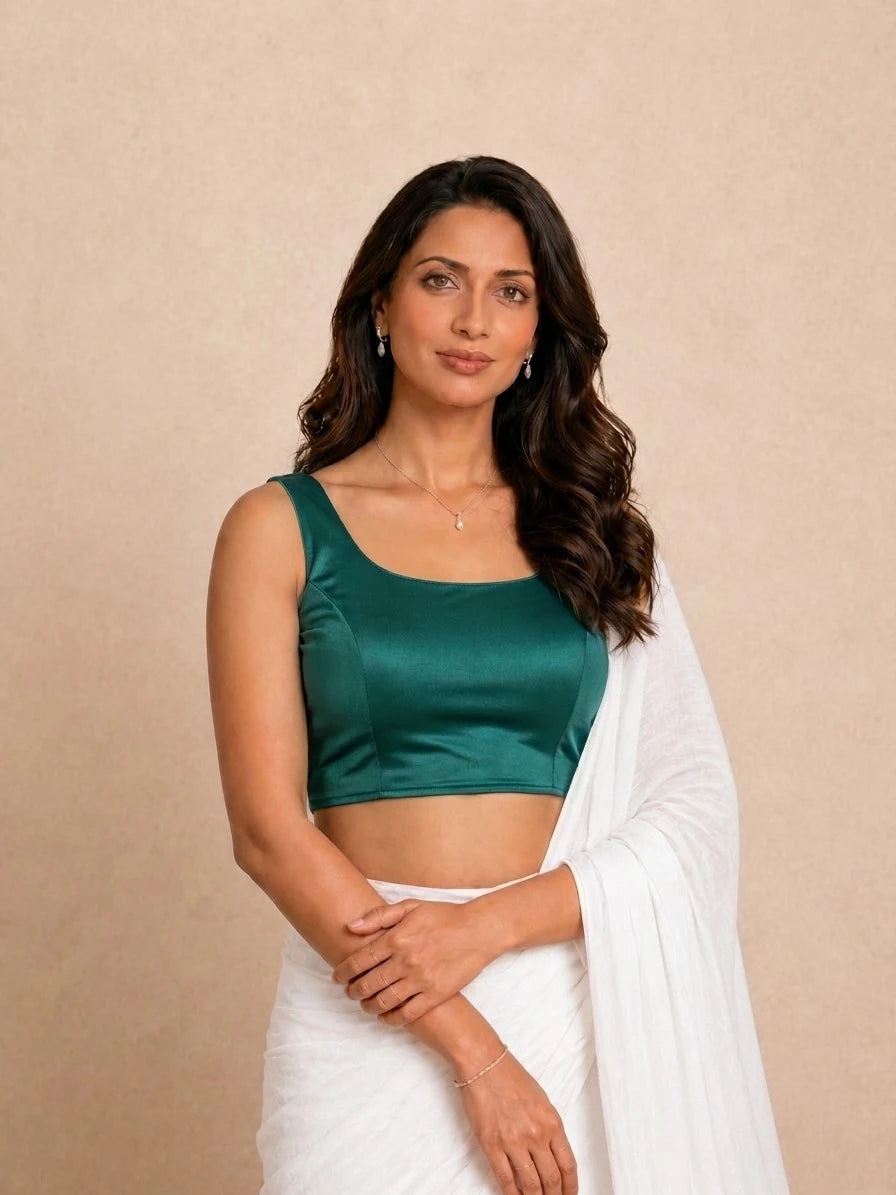 Ziva Sleeveless Forest Teal Satin Lycra StretchFit Saree Blouse, in Green Satin Lycra (view 5).