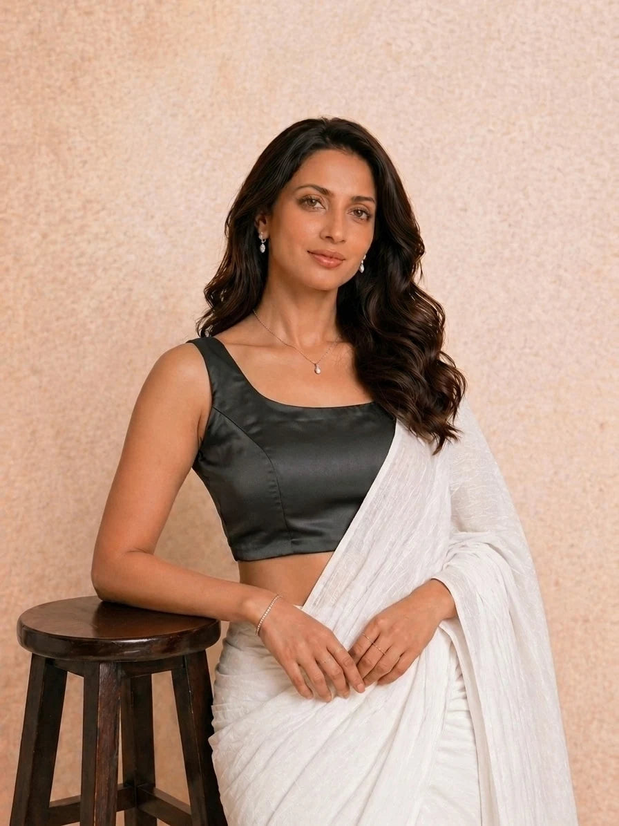 Ziva Sleeveless Phantom Black Satin Lycra StretchFit Saree Blouse, in Black Satin Lycra (view 5).