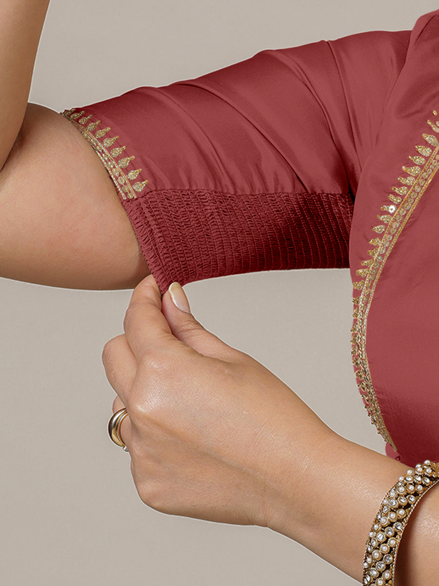 Zohra x Luxe Saree Blouse, in Red Vegan Silk, featuring elbow sleeves and v-neckline, made for party & festive (view 4).