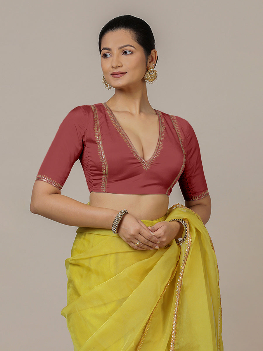 Zohra x Luxe Saree Blouse, in Red Vegan Silk, featuring elbow sleeves and v-neckline, made for party & festive (view 6).