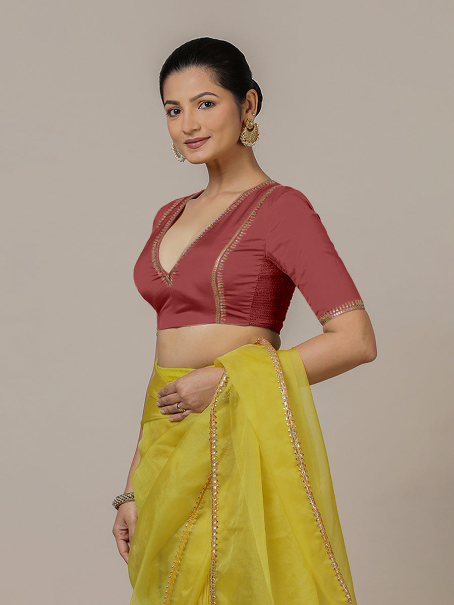 Zohra x Luxe Saree Blouse, in Red Vegan Silk, featuring elbow sleeves and v-neckline, made for party & festive (view 7).