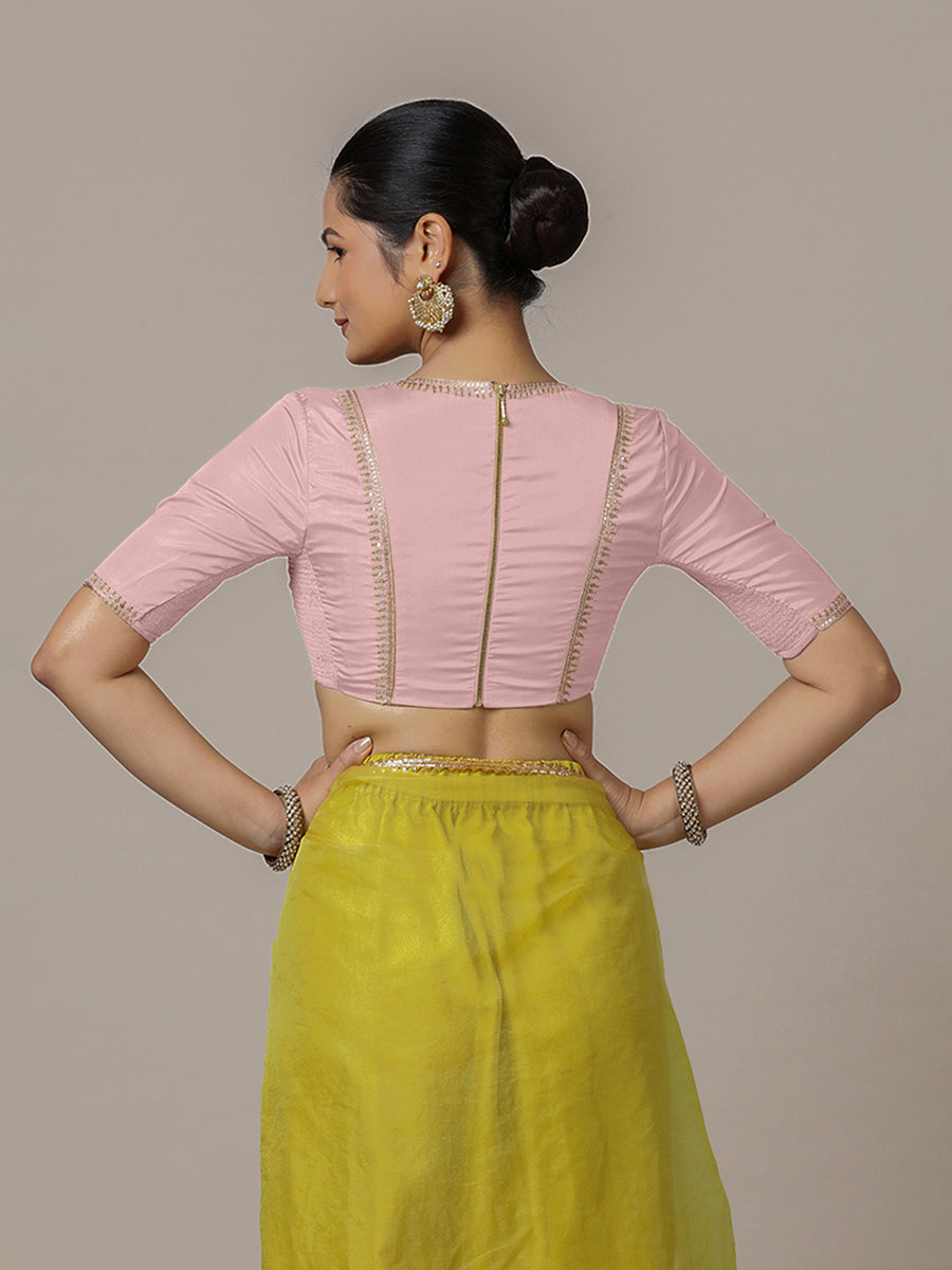 Zohra x Luxe Saree Blouse, in Pink Vegan Silk, featuring elbow sleeves and v-neckline, made for party & festive (view 2).