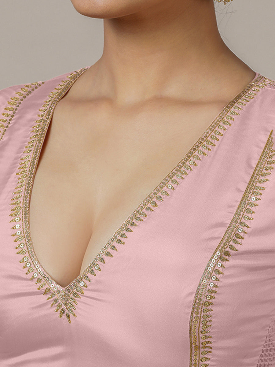 Zohra x Luxe Saree Blouse, in Pink Vegan Silk, featuring elbow sleeves and v-neckline, made for party & festive (view 5).