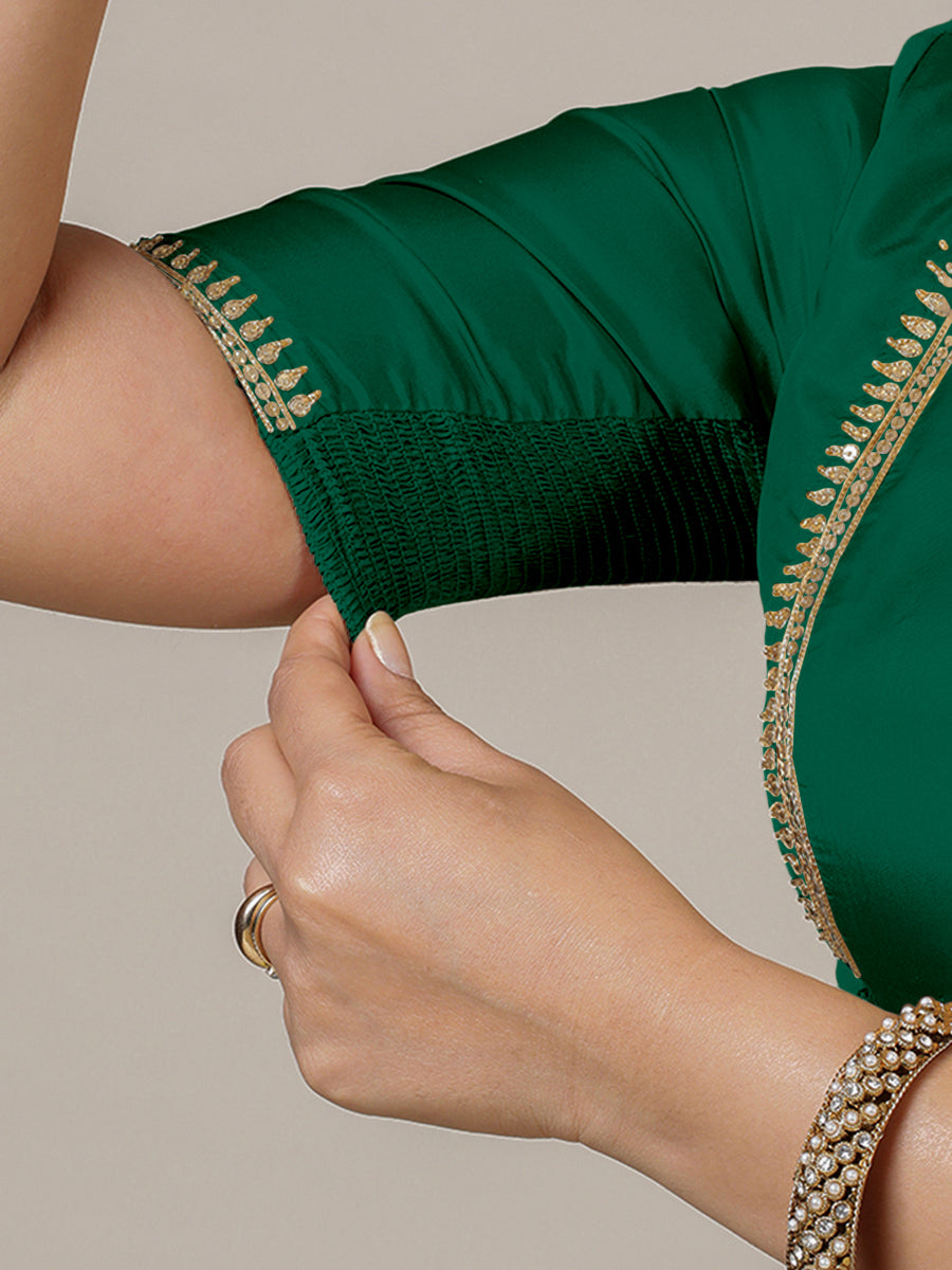 Zohra x Luxe Saree Blouse, in Green Vegan Silk, featuring elbow sleeves and v-neckline, made for party & festive (view 4).