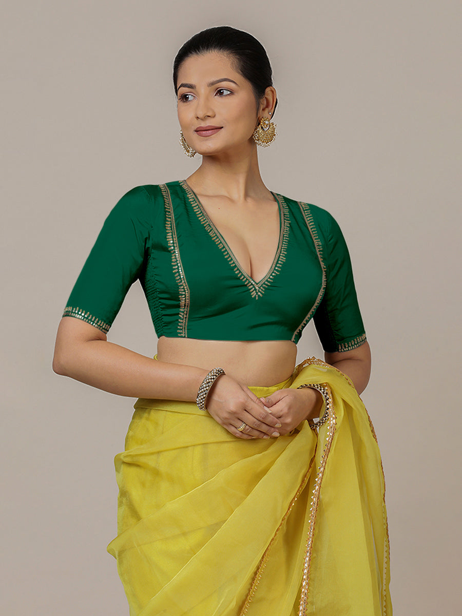 Zohra x Luxe Saree Blouse, in Green Vegan Silk, featuring elbow sleeves and v-neckline, made for party & festive (view 6).
