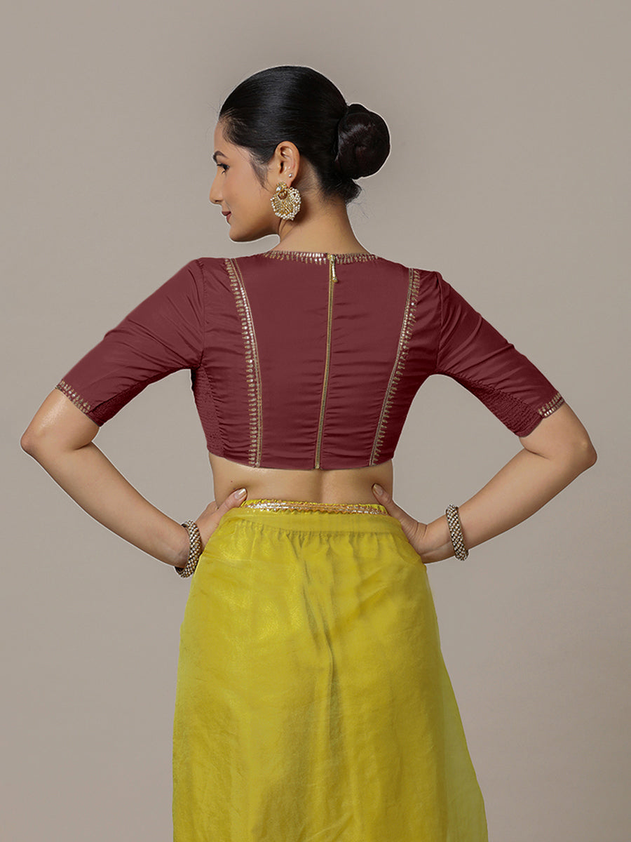 Zohra x Luxe Saree Blouse, in Maroon Vegan Silk, featuring elbow sleeves and v-neckline, made for party & festive (view 2).