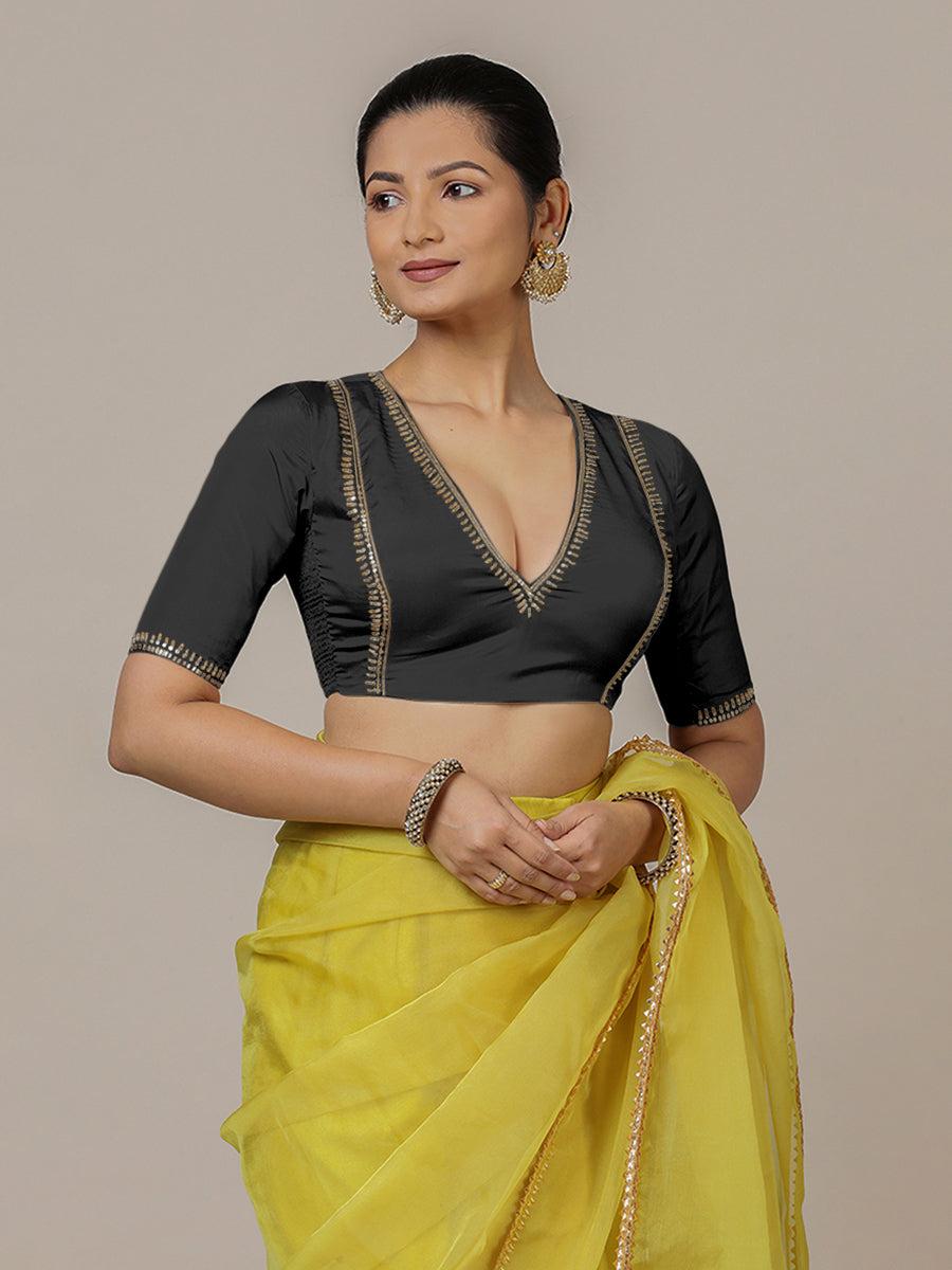 Zohra x Luxe Saree Blouse, in Black Vegan Silk, featuring elbow sleeves and v-neckline, made for party & festive.