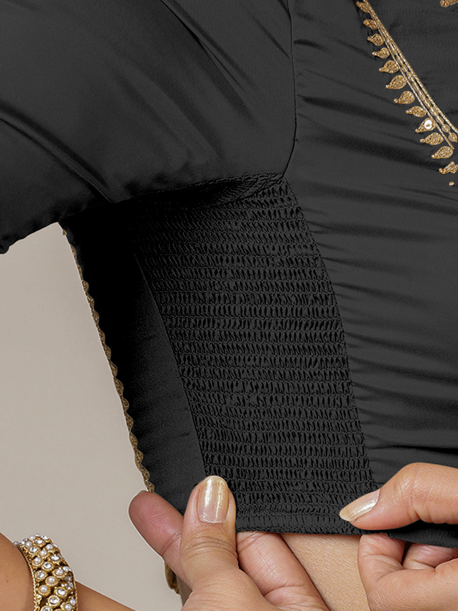 Zohra x Luxe Saree Blouse, in Black Vegan Silk, featuring elbow sleeves and v-neckline, made for party & festive (view 3).