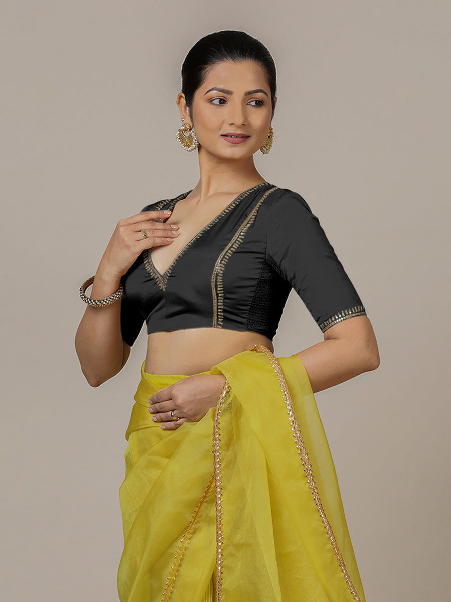Zohra x Luxe Saree Blouse, in Black Vegan Silk, featuring elbow sleeves and v-neckline, made for party & festive (view 7).