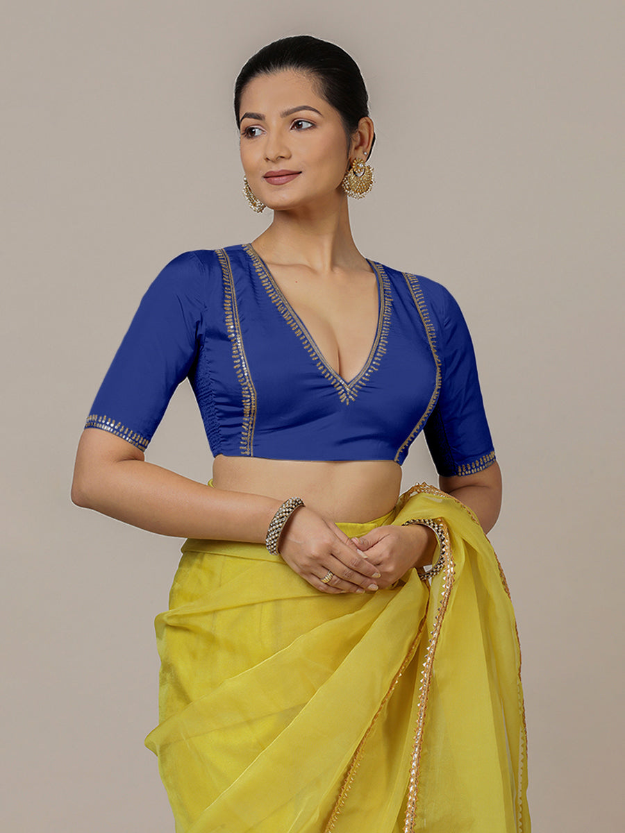 Cobalt Blue Silk Blouse with Contrast Green Piping and Zari Sleeves main image 1