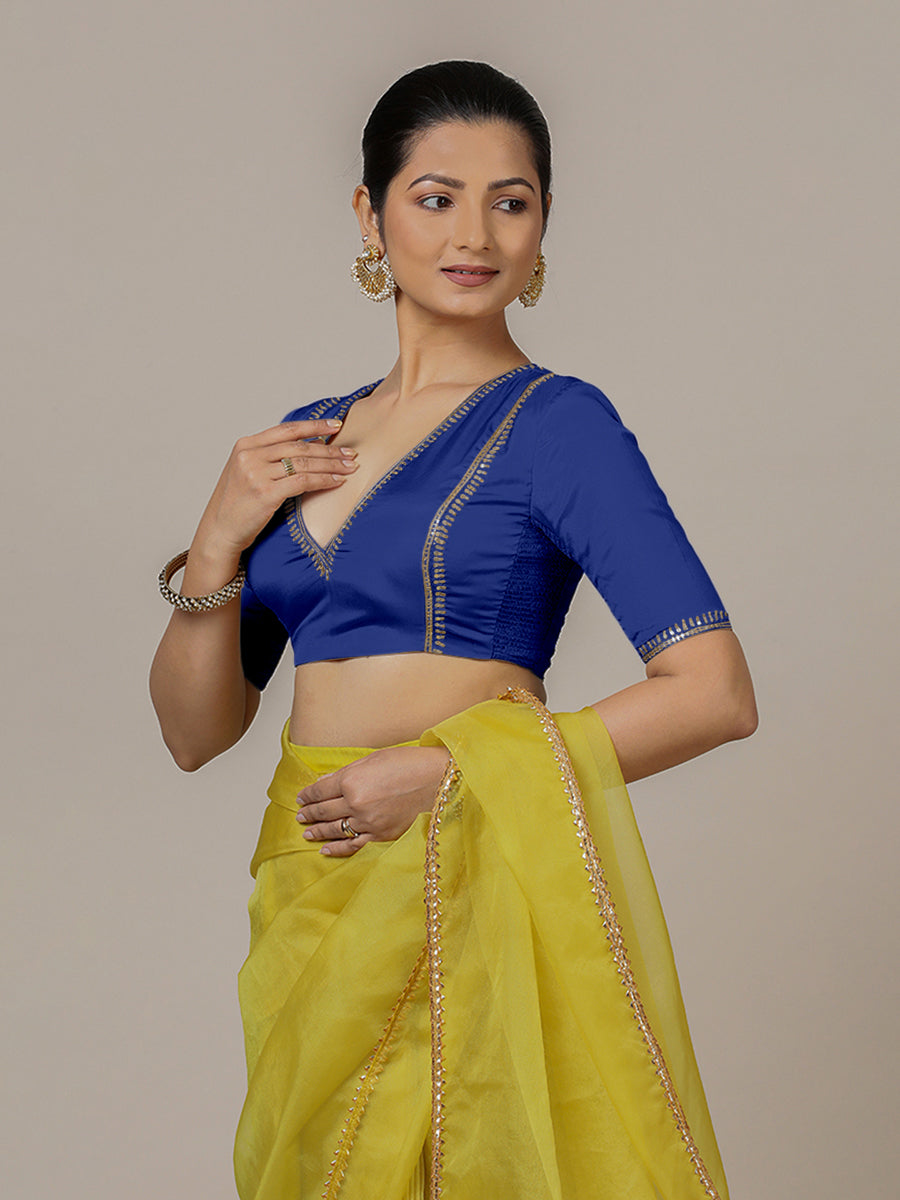 Zohra x Luxe Saree Blouse, in Blue Vegan Silk, featuring elbow sleeves and v-neckline, made for party & festive (view 7).