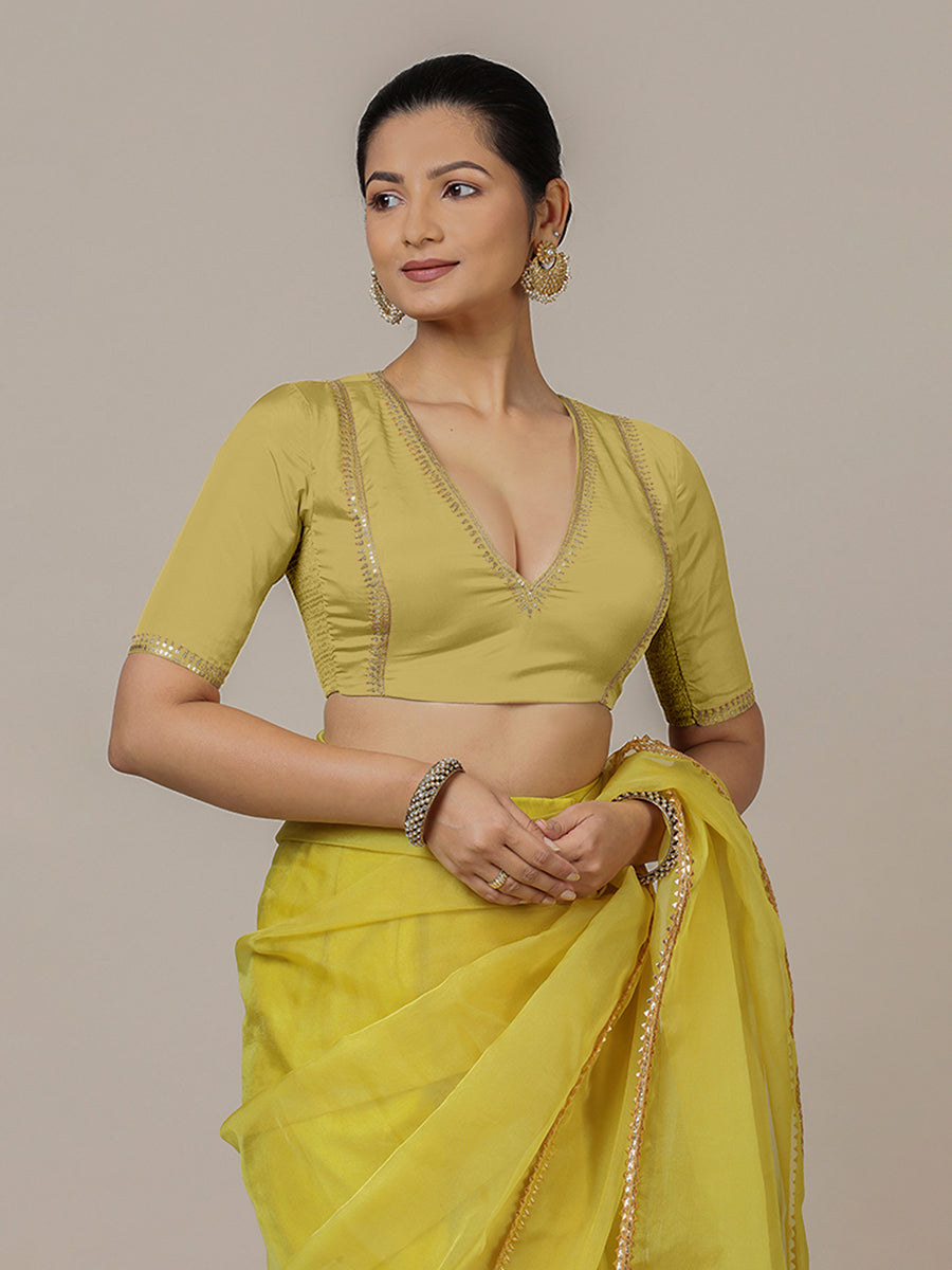 Zohra x Luxe Saree Blouse, in Yellow Vegan Silk, featuring elbow sleeves and v-neckline, made for party & festive (view 6).